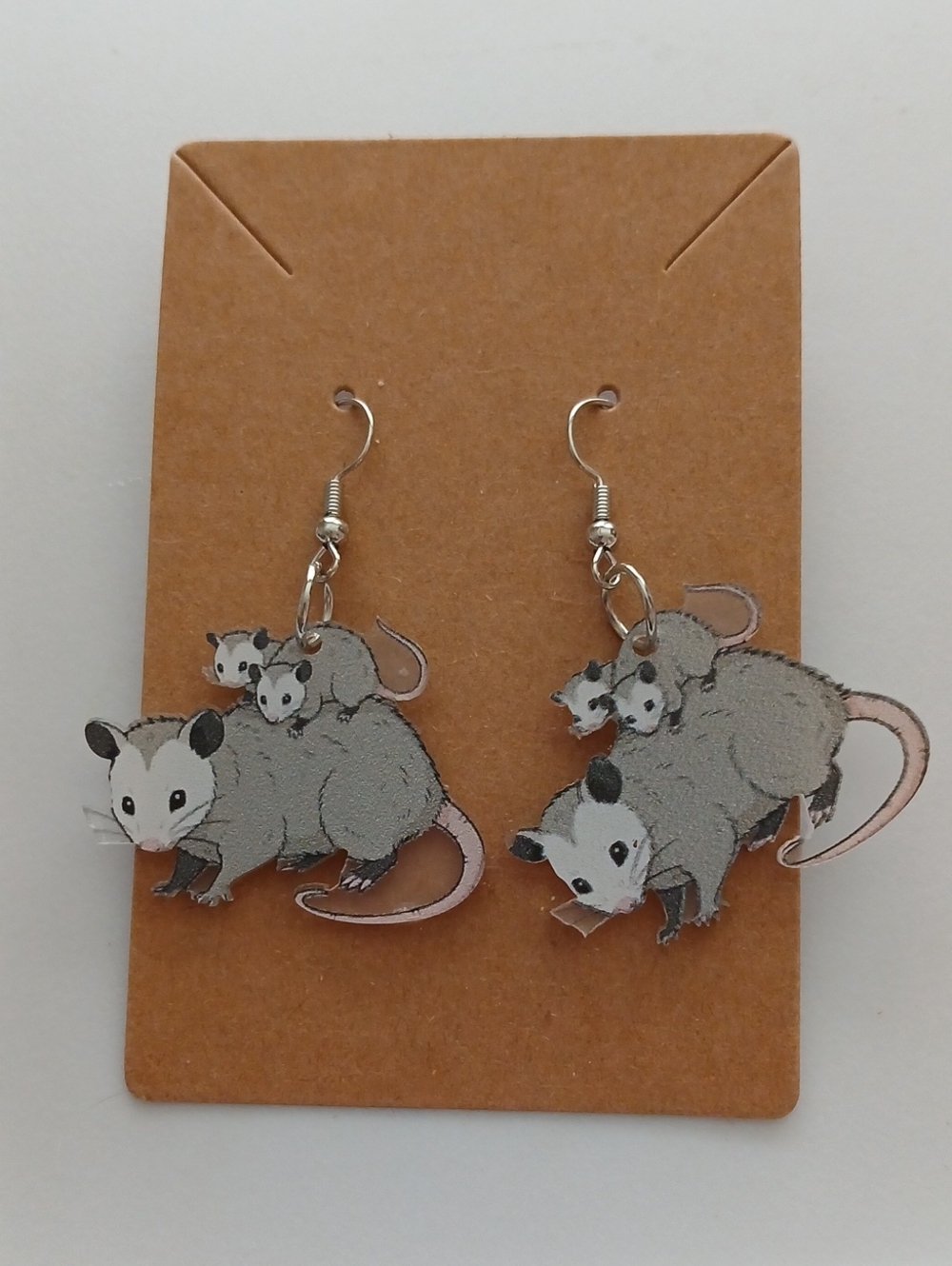 Fashion Jewelry Gray and White Possum Family Dangle Earrings
